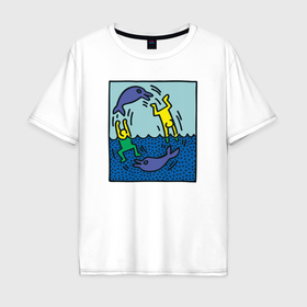 Мужская футболка хлопок Oversize с принтом Человечки и дельфины в Санкт-Петербурге, 100% хлопок | свободный крой, круглый ворот, “спинка” длиннее передней части | Тематика изображения на принте: 