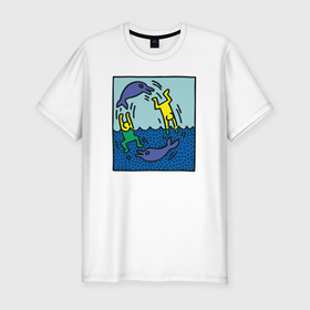 Мужская футболка хлопок Slim с принтом Человечки и дельфины в Курске, 92% хлопок, 8% лайкра | приталенный силуэт, круглый вырез ворота, длина до линии бедра, короткий рукав | Тематика изображения на принте: 