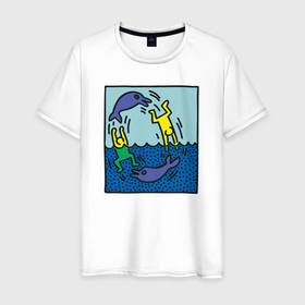 Мужская футболка хлопок с принтом Человечки и дельфины в Санкт-Петербурге, 100% хлопок | прямой крой, круглый вырез горловины, длина до линии бедер, слегка спущенное плечо. | 