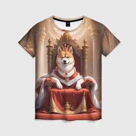 Женская футболка 3D с принтом Сиба ину в короне в тронном зале в Санкт-Петербурге, 100% полиэфир ( синтетическое хлопкоподобное полотно) | прямой крой, круглый вырез горловины, длина до линии бедер | 