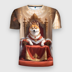 Мужская футболка 3D Slim с принтом Сиба ину в короне в тронном зале в Санкт-Петербурге, 100% полиэстер с улучшенными характеристиками | приталенный силуэт, круглая горловина, широкие плечи, сужается к линии бедра | 