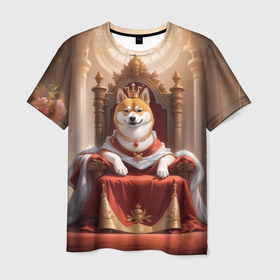 Мужская футболка 3D с принтом Сиба ину в короне в тронном зале в Кировске, 100% полиэфир | прямой крой, круглый вырез горловины, длина до линии бедер | Тематика изображения на принте: 