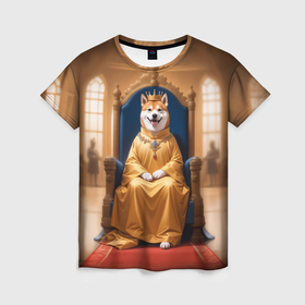 Женская футболка 3D с принтом Король Сиба ину сидит на троне в Санкт-Петербурге, 100% полиэфир ( синтетическое хлопкоподобное полотно) | прямой крой, круглый вырез горловины, длина до линии бедер | 
