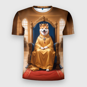 Мужская футболка 3D Slim с принтом Король Сиба ину сидит на троне в Санкт-Петербурге, 100% полиэстер с улучшенными характеристиками | приталенный силуэт, круглая горловина, широкие плечи, сужается к линии бедра | 