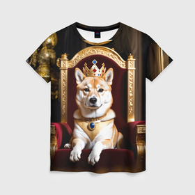 Женская футболка 3D с принтом Король Сиба ину лежит на троне в Санкт-Петербурге, 100% полиэфир ( синтетическое хлопкоподобное полотно) | прямой крой, круглый вырез горловины, длина до линии бедер | 