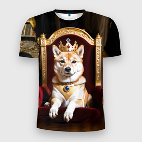 Мужская футболка 3D Slim с принтом Король Сиба ину лежит на троне в Екатеринбурге, 100% полиэстер с улучшенными характеристиками | приталенный силуэт, круглая горловина, широкие плечи, сужается к линии бедра | 