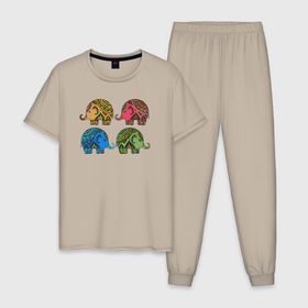 Мужская пижама хлопок с принтом Разноцветные слоны в Курске, 100% хлопок | брюки и футболка прямого кроя, без карманов, на брюках мягкая резинка на поясе и по низу штанин
 | Тематика изображения на принте: 