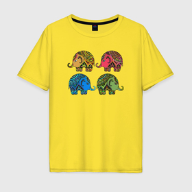 Мужская футболка хлопок Oversize с принтом Разноцветные слоны в Курске, 100% хлопок | свободный крой, круглый ворот, “спинка” длиннее передней части | Тематика изображения на принте: 