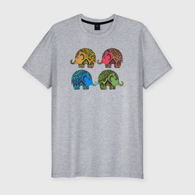 Мужская футболка хлопок Slim с принтом Разноцветные слоны в Курске, 92% хлопок, 8% лайкра | приталенный силуэт, круглый вырез ворота, длина до линии бедра, короткий рукав | 