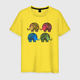Мужская футболка хлопок с принтом Разноцветные слоны в Курске, 100% хлопок | прямой крой, круглый вырез горловины, длина до линии бедер, слегка спущенное плечо. | 