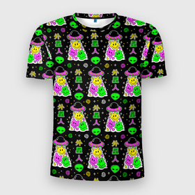 Мужская футболка 3D Slim с принтом Цветные инопланетные существа в Санкт-Петербурге, 100% полиэстер с улучшенными характеристиками | приталенный силуэт, круглая горловина, широкие плечи, сужается к линии бедра | 