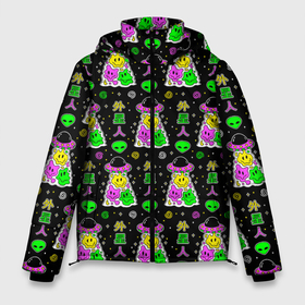 Мужская зимняя куртка 3D с принтом Цветные инопланетные существа , верх — 100% полиэстер; подкладка — 100% полиэстер; утеплитель — 100% полиэстер | длина ниже бедра, свободный силуэт Оверсайз. Есть воротник-стойка, отстегивающийся капюшон и ветрозащитная планка. 

Боковые карманы с листочкой на кнопках и внутренний карман на молнии. | 
