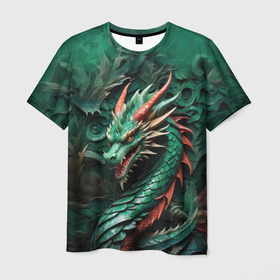Мужская футболка 3D с принтом Дракон изумрудного цвета в Новосибирске, 100% полиэфир | прямой крой, круглый вырез горловины, длина до линии бедер | Тематика изображения на принте: 