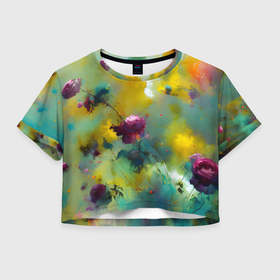 Женская футболка Crop-top 3D с принтом Абстрактные розы в пятнах краски в Петрозаводске, 100% полиэстер | круглая горловина, длина футболки до линии талии, рукава с отворотами | 