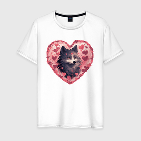 Мужская футболка хлопок с принтом Влюбленный волк в Новосибирске, 100% хлопок | прямой крой, круглый вырез горловины, длина до линии бедер, слегка спущенное плечо. | 