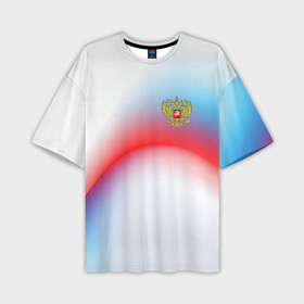 Мужская футболка oversize 3D с принтом Герб России на фоне абстрактного триколора в Кировске,  |  | Тематика изображения на принте: 