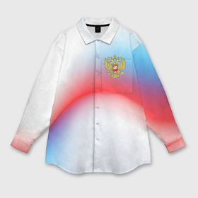 Мужская рубашка oversize 3D с принтом Герб России на фоне абстрактного триколора в Кировске,  |  | Тематика изображения на принте: 