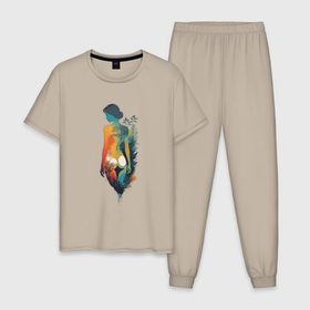 Мужская пижама хлопок с принтом Акварельный женский силуэт на природе в Курске, 100% хлопок | брюки и футболка прямого кроя, без карманов, на брюках мягкая резинка на поясе и по низу штанин
 | 