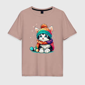 Мужская футболка хлопок Oversize с принтом Милый котик в шапке и шарфе зима , 100% хлопок | свободный крой, круглый ворот, “спинка” длиннее передней части | 