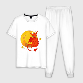 Мужская пижама хлопок с принтом Красный дракон на фоне луны в Курске, 100% хлопок | брюки и футболка прямого кроя, без карманов, на брюках мягкая резинка на поясе и по низу штанин
 | 