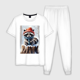 Мужская пижама хлопок с принтом Зимний енот в шапке  на пеньке в лесу в Курске, 100% хлопок | брюки и футболка прямого кроя, без карманов, на брюках мягкая резинка на поясе и по низу штанин
 | 