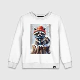 Детский свитшот хлопок с принтом Зимний енот в шапке  на пеньке в лесу в Тюмени, 100% хлопок | круглый вырез горловины, эластичные манжеты, пояс и воротник | Тематика изображения на принте: 