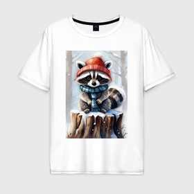 Мужская футболка хлопок Oversize с принтом Зимний енот в шапке  на пеньке в лесу в Санкт-Петербурге, 100% хлопок | свободный крой, круглый ворот, “спинка” длиннее передней части | 