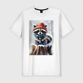 Мужская футболка хлопок Slim с принтом Зимний енот в шапке  на пеньке в лесу в Санкт-Петербурге, 92% хлопок, 8% лайкра | приталенный силуэт, круглый вырез ворота, длина до линии бедра, короткий рукав | 