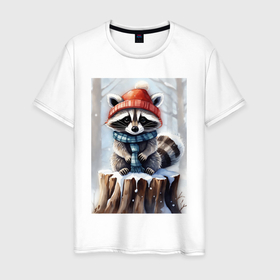 Мужская футболка хлопок с принтом Зимний енот в шапке  на пеньке в лесу в Курске, 100% хлопок | прямой крой, круглый вырез горловины, длина до линии бедер, слегка спущенное плечо. | 