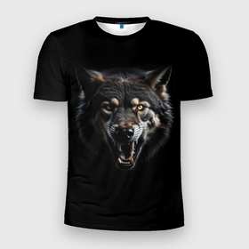 Мужская футболка 3D Slim с принтом Волк чёрный хищник в Кировске, 100% полиэстер с улучшенными характеристиками | приталенный силуэт, круглая горловина, широкие плечи, сужается к линии бедра | 
