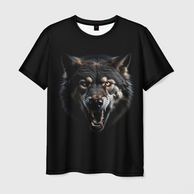 Мужская футболка 3D с принтом Волк чёрный хищник в Кировске, 100% полиэфир | прямой крой, круглый вырез горловины, длина до линии бедер | Тематика изображения на принте: 
