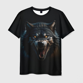 Мужская футболка 3D с принтом Волк чёрный хищник в Кировске, 100% полиэфир | прямой крой, круглый вырез горловины, длина до линии бедер | 