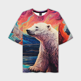 Мужская футболка oversize 3D с принтом Белый медведь на фоне северного сияния в Кировске,  |  | 