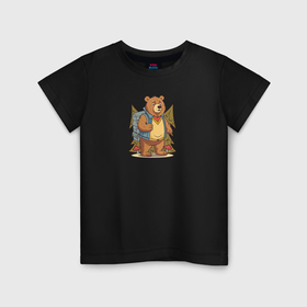 Детская футболка хлопок с принтом Медведь турист , 100% хлопок | круглый вырез горловины, полуприлегающий силуэт, длина до линии бедер | 