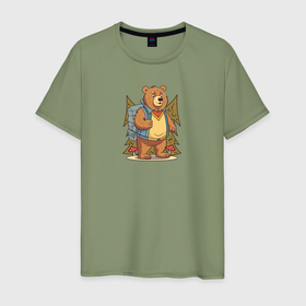 Мужская футболка хлопок с принтом Медведь турист в Екатеринбурге, 100% хлопок | прямой крой, круглый вырез горловины, длина до линии бедер, слегка спущенное плечо. | 