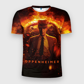 Мужская футболка 3D Slim с принтом Роберт Оппенгеймер и бомба в Рязани, 100% полиэстер с улучшенными характеристиками | приталенный силуэт, круглая горловина, широкие плечи, сужается к линии бедра | 