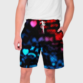 Мужские шорты 3D с принтом Lil peep neon rap music в Петрозаводске,  полиэстер 100% | прямой крой, два кармана без застежек по бокам. Мягкая трикотажная резинка на поясе, внутри которой широкие завязки. Длина чуть выше колен | 