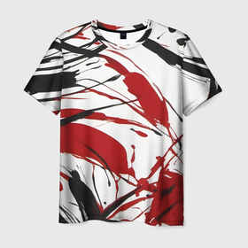 Мужская футболка 3D с принтом Чёрные и красные брызги на белом фоне в Екатеринбурге, 100% полиэфир | прямой крой, круглый вырез горловины, длина до линии бедер | 