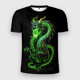 Мужская футболка 3D Slim с принтом Светящийся зеленый дракон   2024 в Екатеринбурге, 100% полиэстер с улучшенными характеристиками | приталенный силуэт, круглая горловина, широкие плечи, сужается к линии бедра | Тематика изображения на принте: 