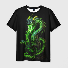 Мужская футболка 3D с принтом Светящийся зеленый дракон   2024 в Екатеринбурге, 100% полиэфир | прямой крой, круглый вырез горловины, длина до линии бедер | Тематика изображения на принте: 