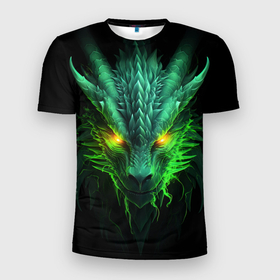Мужская футболка 3D Slim с принтом Светящийся зеленый дракон  2024 в Новосибирске, 100% полиэстер с улучшенными характеристиками | приталенный силуэт, круглая горловина, широкие плечи, сужается к линии бедра | 