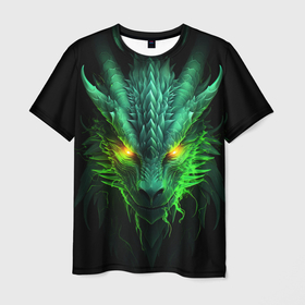 Мужская футболка 3D с принтом Светящийся зеленый дракон  2024 в Белгороде, 100% полиэфир | прямой крой, круглый вырез горловины, длина до линии бедер | 