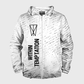 Мужская ветровка 3D с принтом Within Temptation glitch на светлом фоне по вертикали в Екатеринбурге, 100% полиэстер | подол и капюшон оформлены резинкой с фиксаторами, два кармана без застежек по бокам, один потайной карман на груди | 