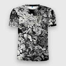 Мужская футболка 3D Slim с принтом Чёрно белый цветочны узор в Новосибирске, 100% полиэстер с улучшенными характеристиками | приталенный силуэт, круглая горловина, широкие плечи, сужается к линии бедра | 