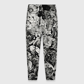 Мужские брюки 3D с принтом Чёрно белый цветочны узор в Санкт-Петербурге, 100% полиэстер | манжеты по низу, эластичный пояс регулируется шнурком, по бокам два кармана без застежек, внутренняя часть кармана из мелкой сетки | 