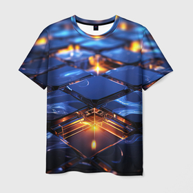 Мужская футболка 3D с принтом Синие плиты с золотым свечением в Петрозаводске, 100% полиэфир | прямой крой, круглый вырез горловины, длина до линии бедер | 