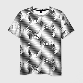 Мужская футболка 3D с принтом Лабиринт с иероглифами на белом в Тюмени, 100% полиэфир | прямой крой, круглый вырез горловины, длина до линии бедер | 