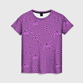 Женская футболка 3D с принтом Лабиринт с иероглифами на сиреневом в Петрозаводске, 100% полиэфир ( синтетическое хлопкоподобное полотно) | прямой крой, круглый вырез горловины, длина до линии бедер | 