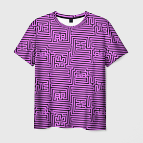 Мужская футболка 3D с принтом Лабиринт с иероглифами на сиреневом в Тюмени, 100% полиэфир | прямой крой, круглый вырез горловины, длина до линии бедер | 