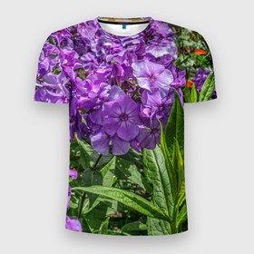Мужская футболка 3D Slim с принтом Фиолетовый флоксы в саду в Тюмени, 100% полиэстер с улучшенными характеристиками | приталенный силуэт, круглая горловина, широкие плечи, сужается к линии бедра | Тематика изображения на принте: 